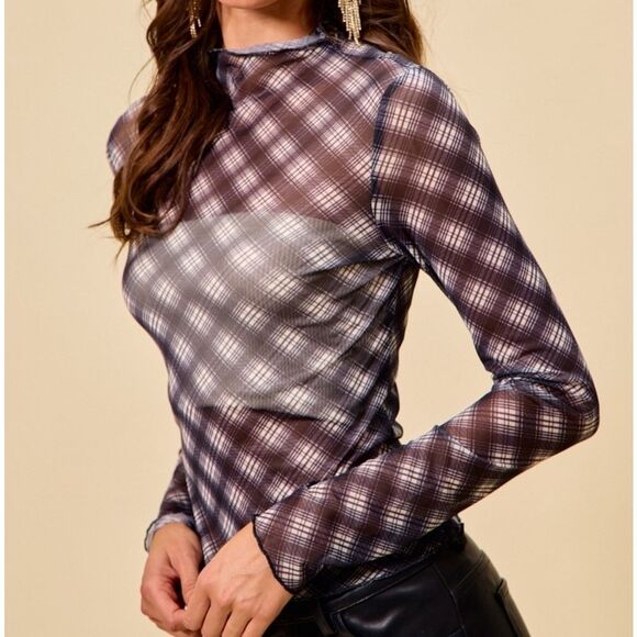 SO ME Plaid Mesh Knit Long Sleeve Top   Thumb Opening sz Small [2-4] - Picture 8 of 12